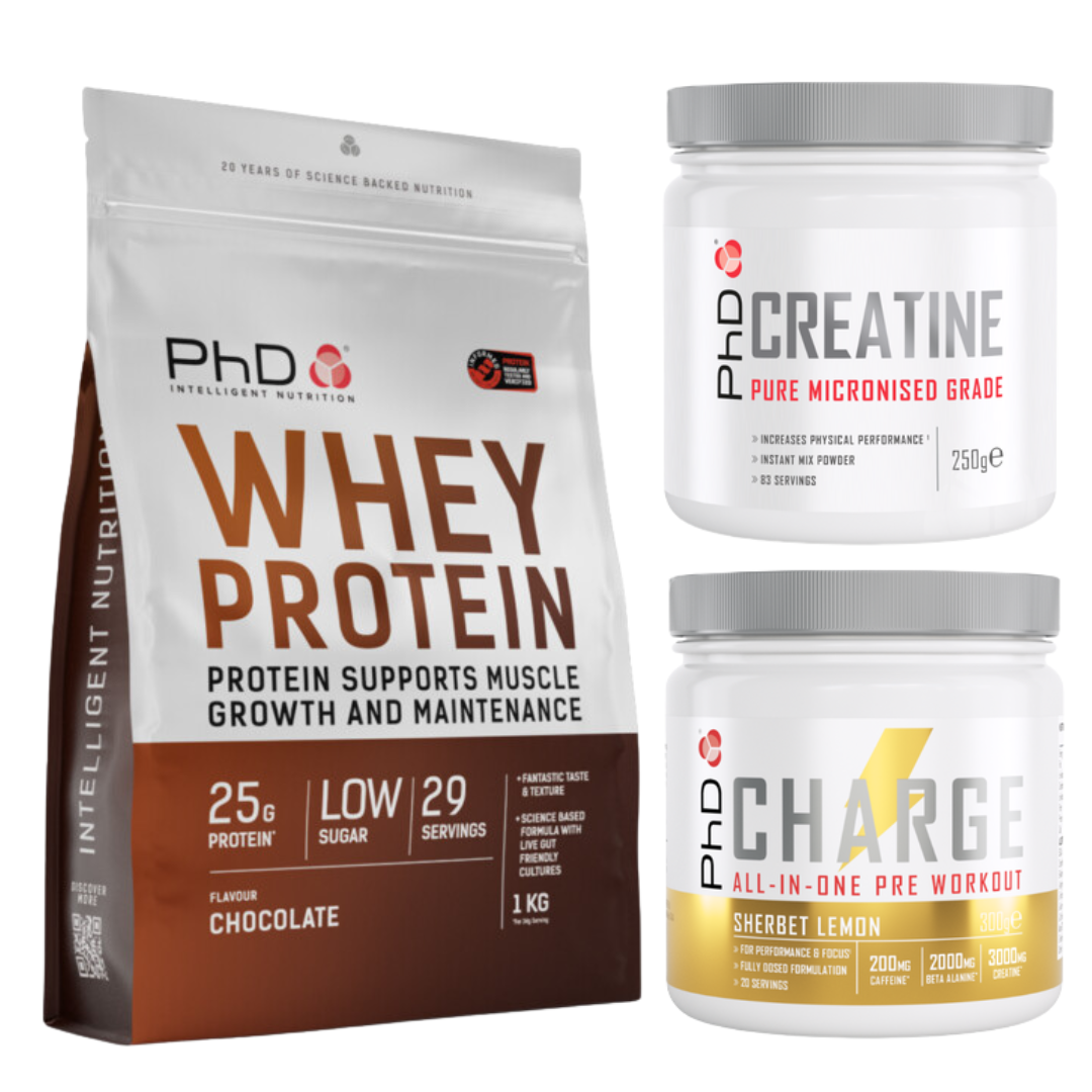 PhD Ultimate Performance Stack (1x Whey 1kg + 1x Charge + 1x Creatine)